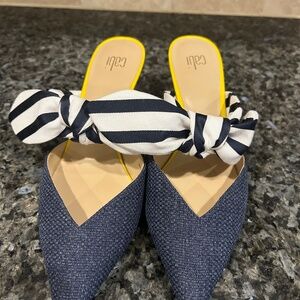 Navy and Yellow Mules with Kitten Heel and Black and White Striped Bow
